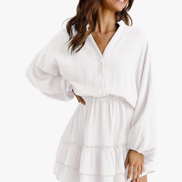 Dresses & Skirts - White V-Neck Ruffle Mini Dress Medium Lantern Sleeve Tiered Swing Cotton